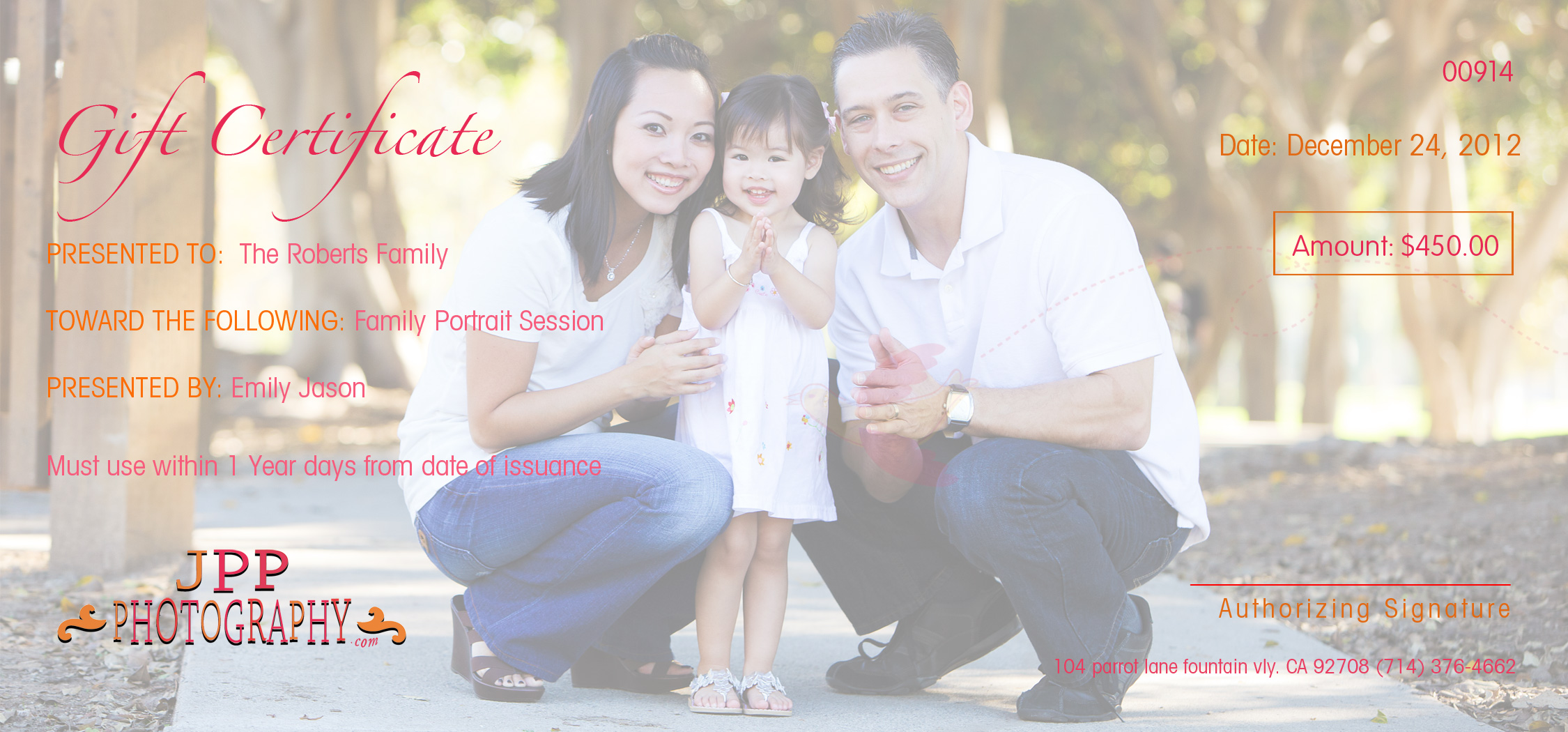 Family Portrait Session Gift Certificates 